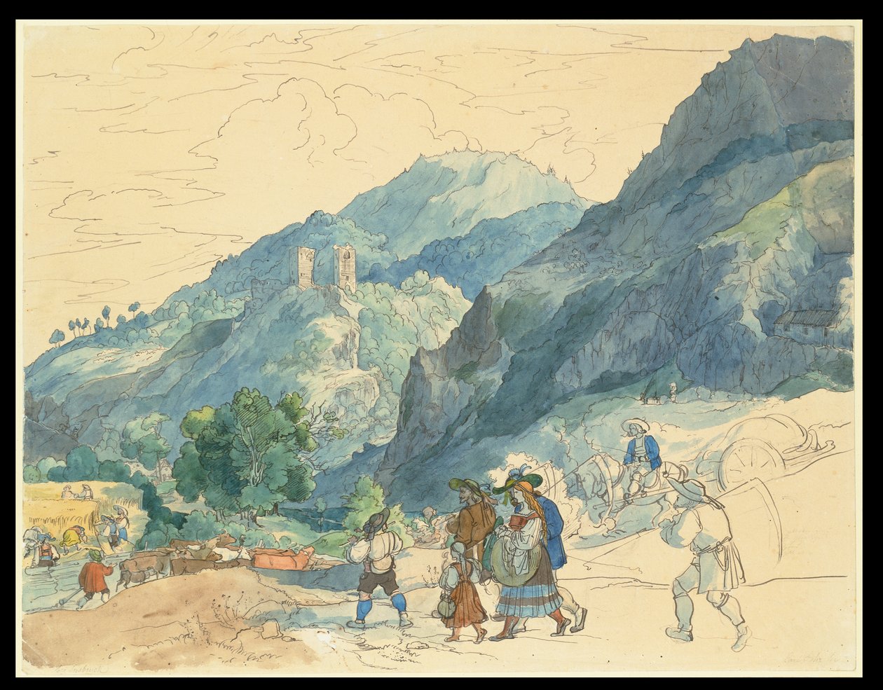Landschap bij Innsbruck met de ruïnes van Fragenstein en plattelandsbewoners die naar huis terugkeren en op het land werken door Carl Philipp Fohr