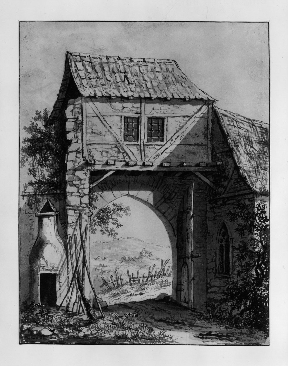 Poortgebouw met uitzicht op een landschap met ruïne door Carl Philipp Fohr