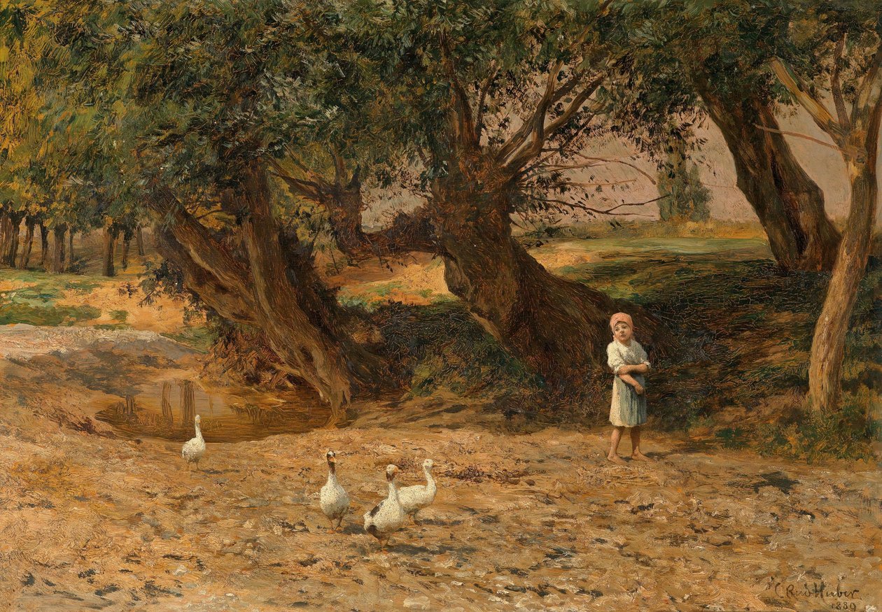 Het kleine ganzenmeisje onder de wilgen door Carl Rudolf Huber