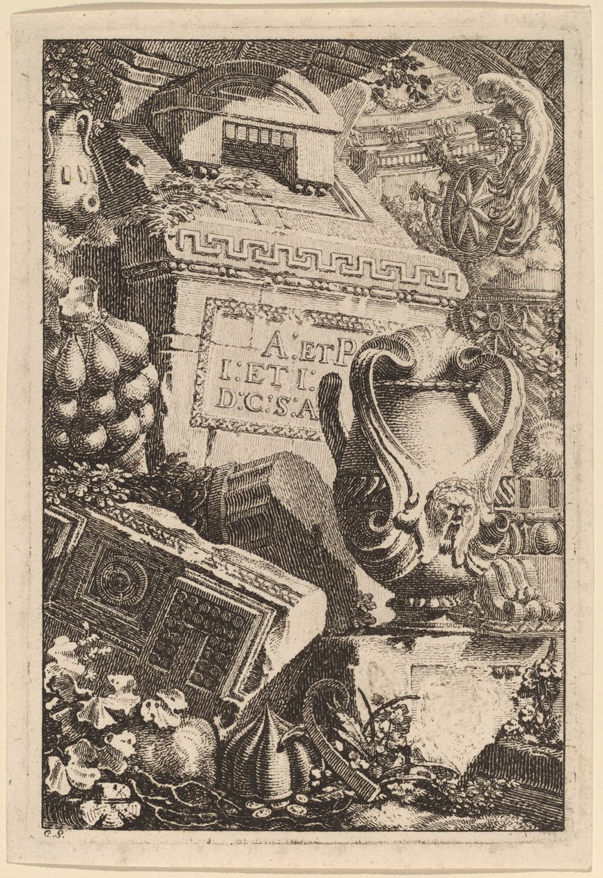 Fantasie van een Antiek Graf met Fragmenten van Architectuur en Beeldhouwkunst door Carl Schütz