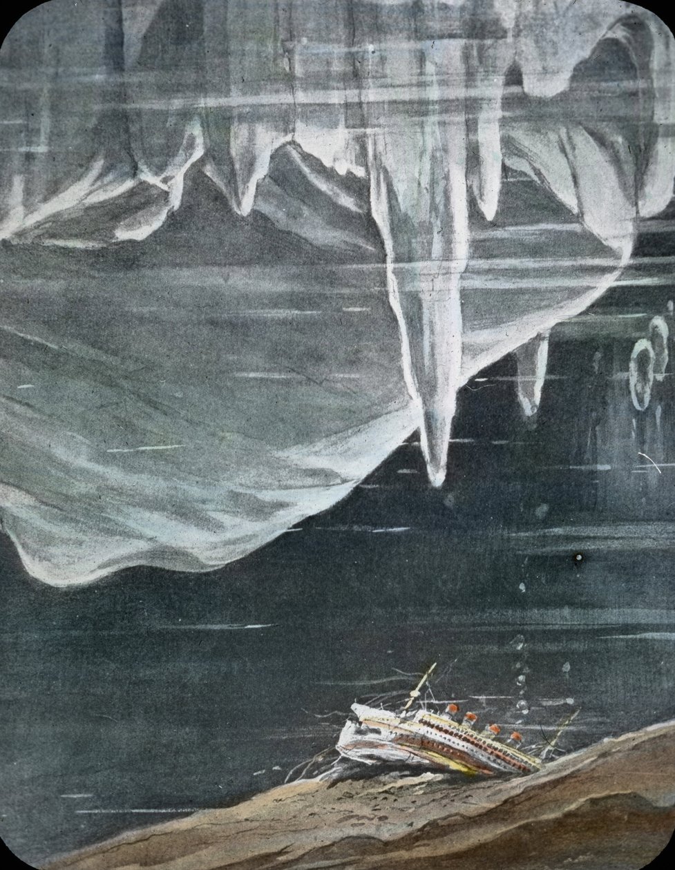 De eerste reis van de Titanic 1912, Titanic-ramp, illustratie, het zinken van de Titanic, geschiedenis, historisch, illustratie, Carl Simon, handgekleurde glasplaat door Carl Simon