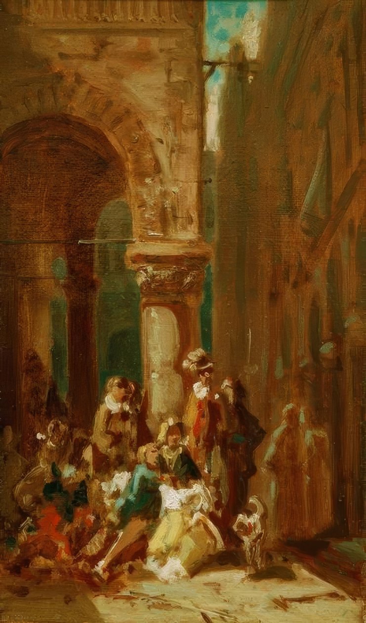 Rondtrekkend Volk: Acteurs bij de Loggia dei Lanzi in Florence door Carl Spitzweg