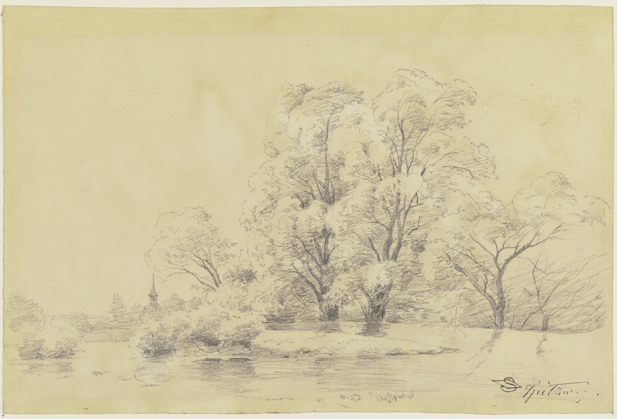 Landschap met bomen aan het water, in de verte de toren van een dorpskerk door Carl Spitzweg