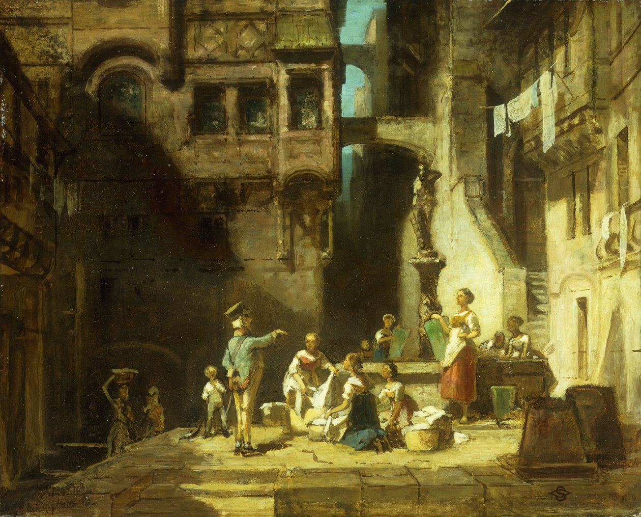 Wasvrouwen bij de bron; Wascherinnen am Brunnen, ca. 1860 door Carl Spitzweg