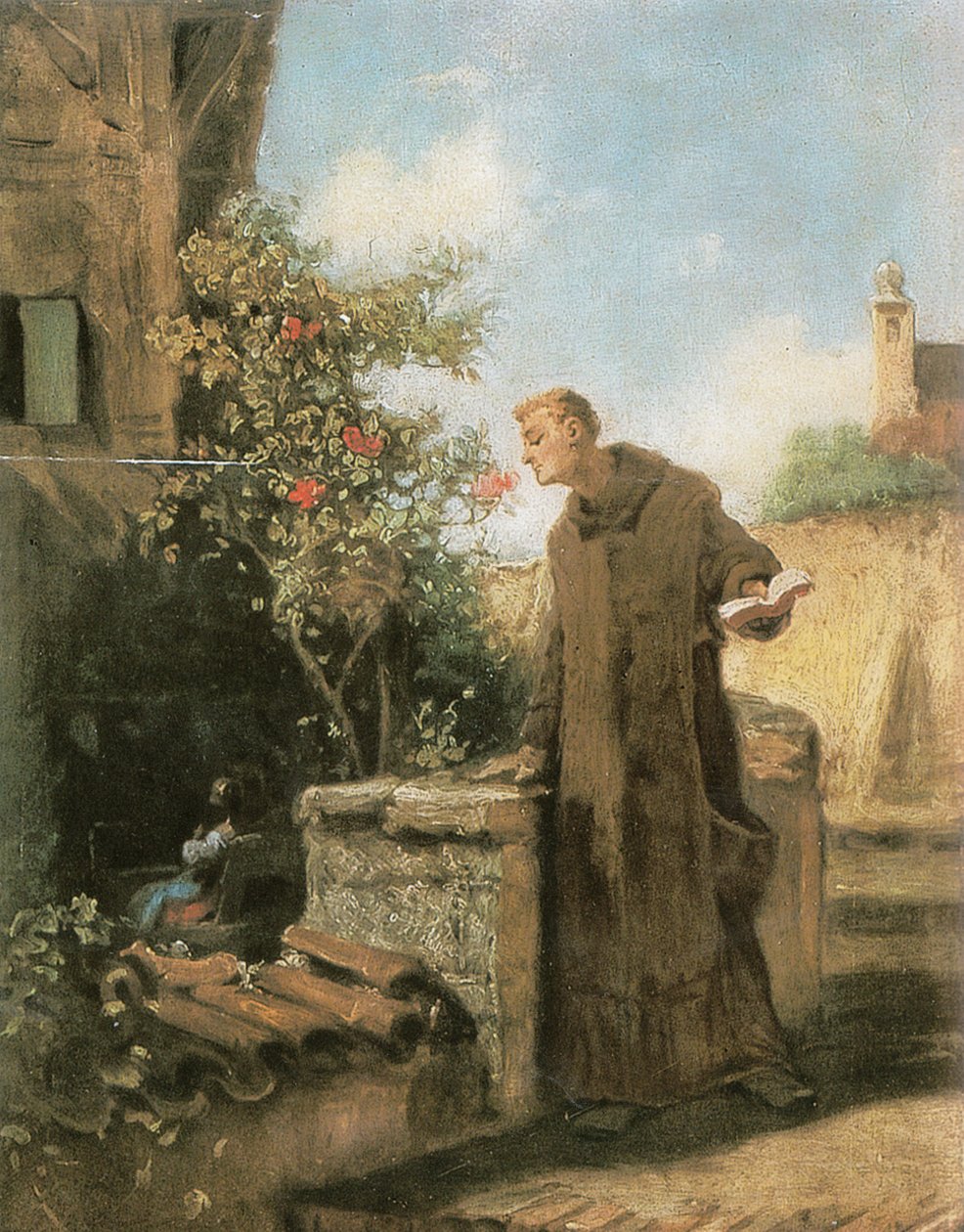 Monnik die aan een roos ruikt door Carl Spitzweg