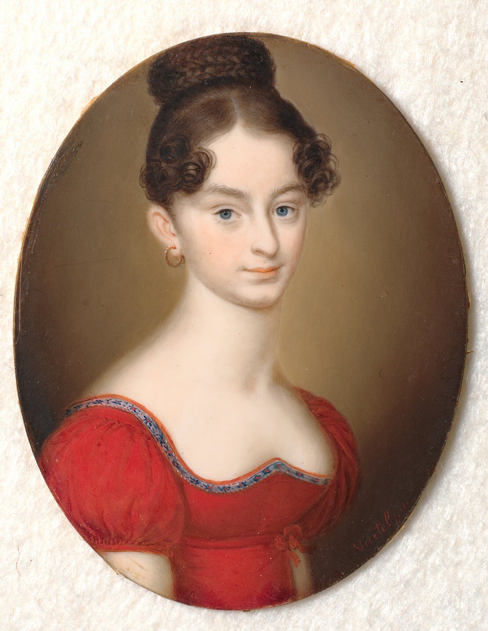 Portret van een onbekende dame in een rode jurk door Carl Viertel