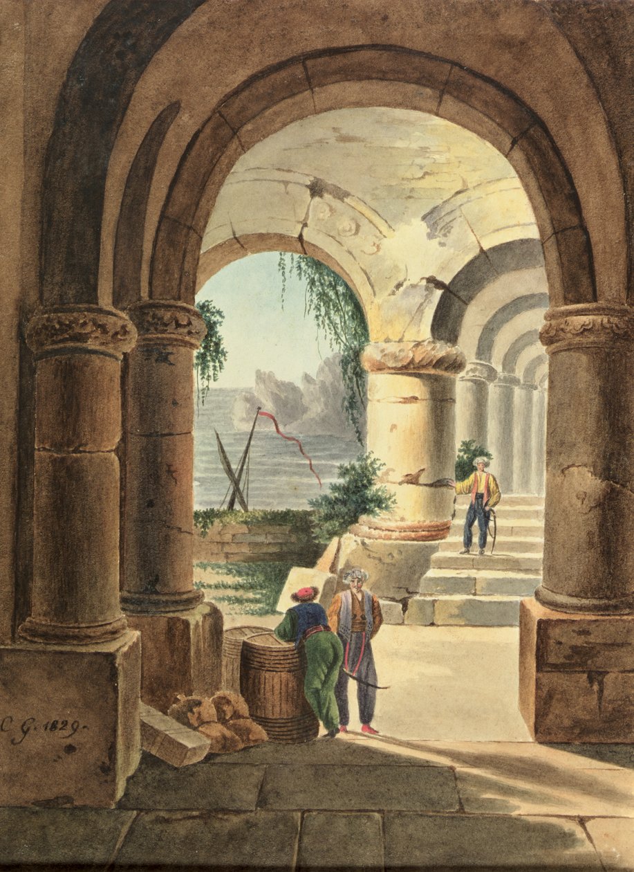 Uitzicht op de zee door een klooster, 1829 door Carl Wilhelm Goetzloff