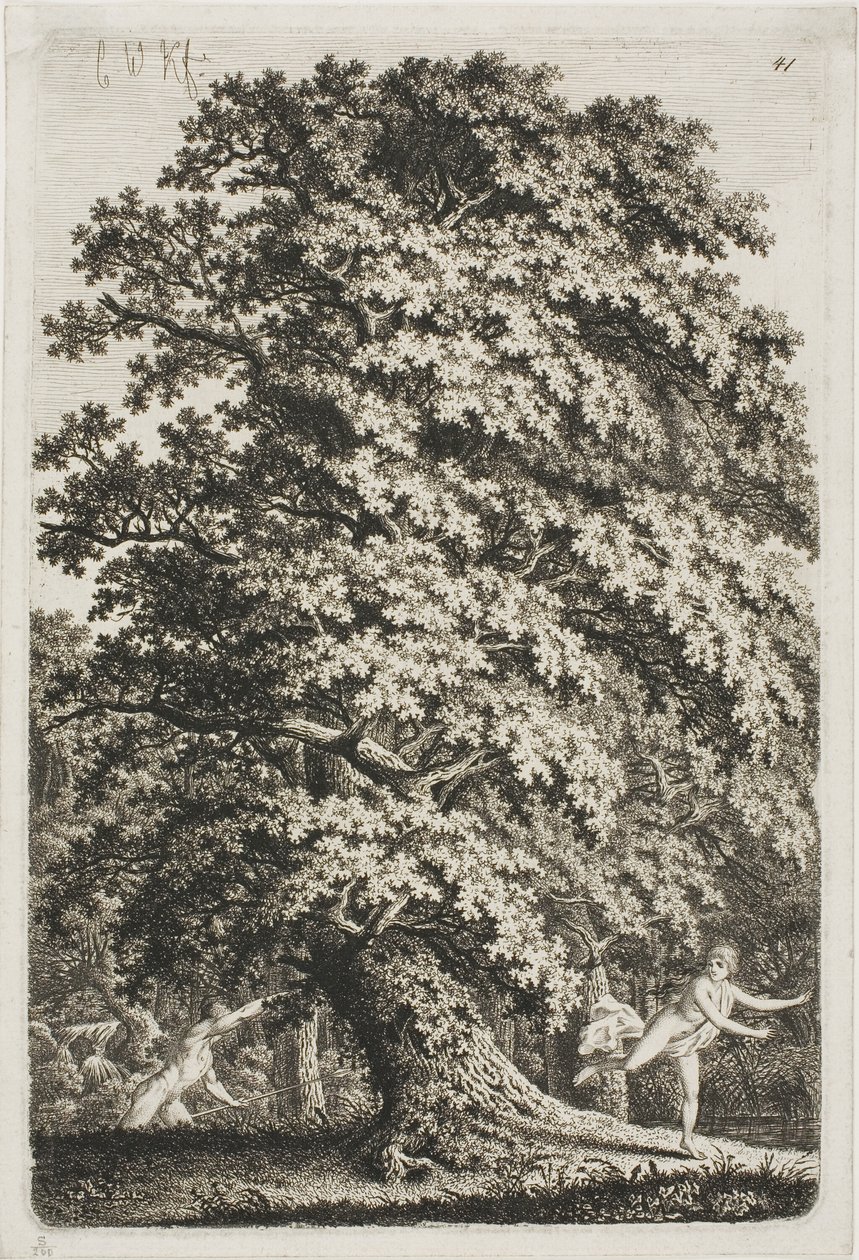 Vrouw op de vlucht voor een man met een lans in het bos door Carl Wilhelm Kolbe the elder