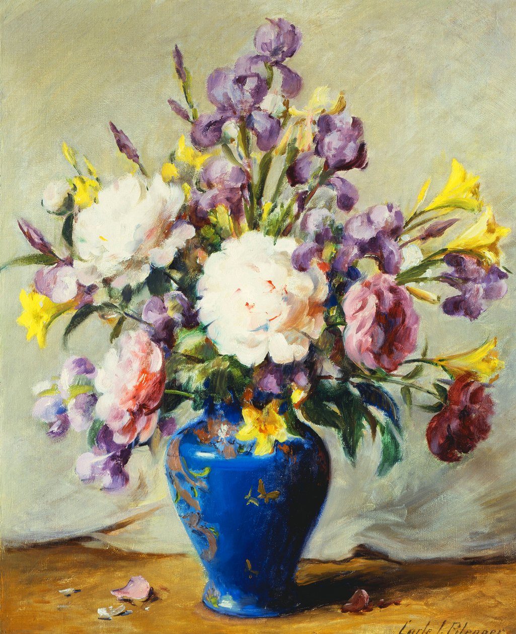Stilleven met pioenen en iris door Carle J. Blenner