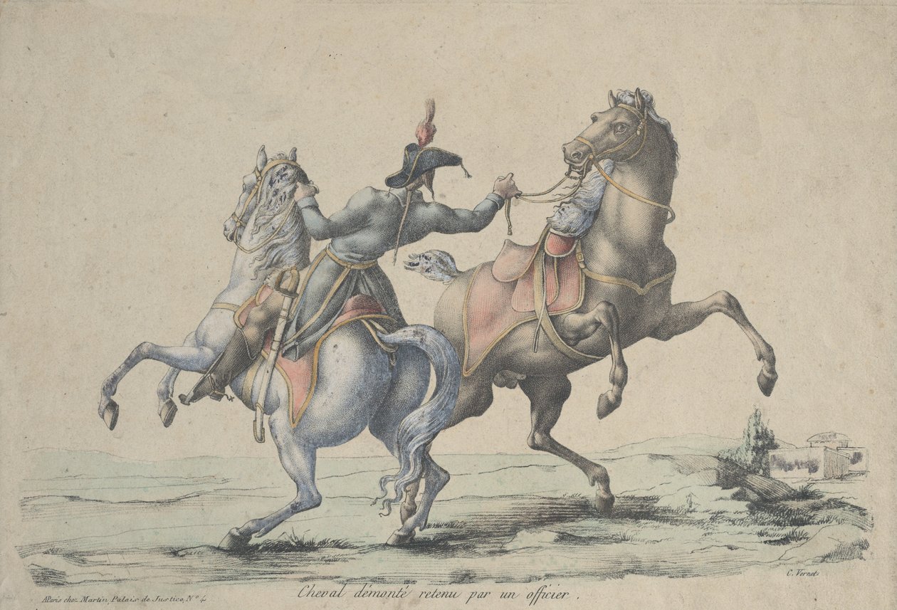Een Afgezadeld Paard Ingehouden door een Officier door Carle Vernet