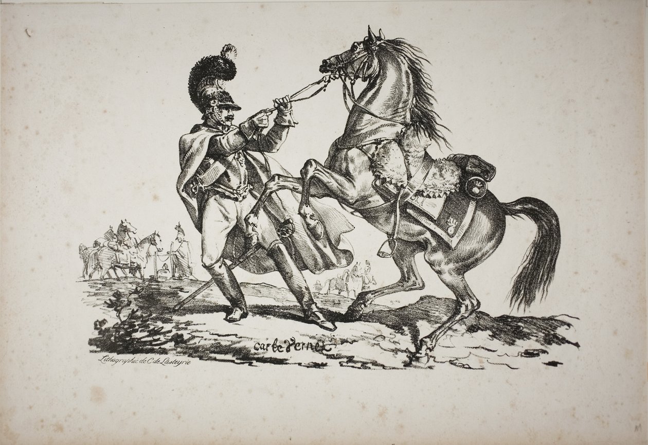 Cuirassier te Voet die zijn Steigerend Paard in Bedwang Houdt door Carle Vernet