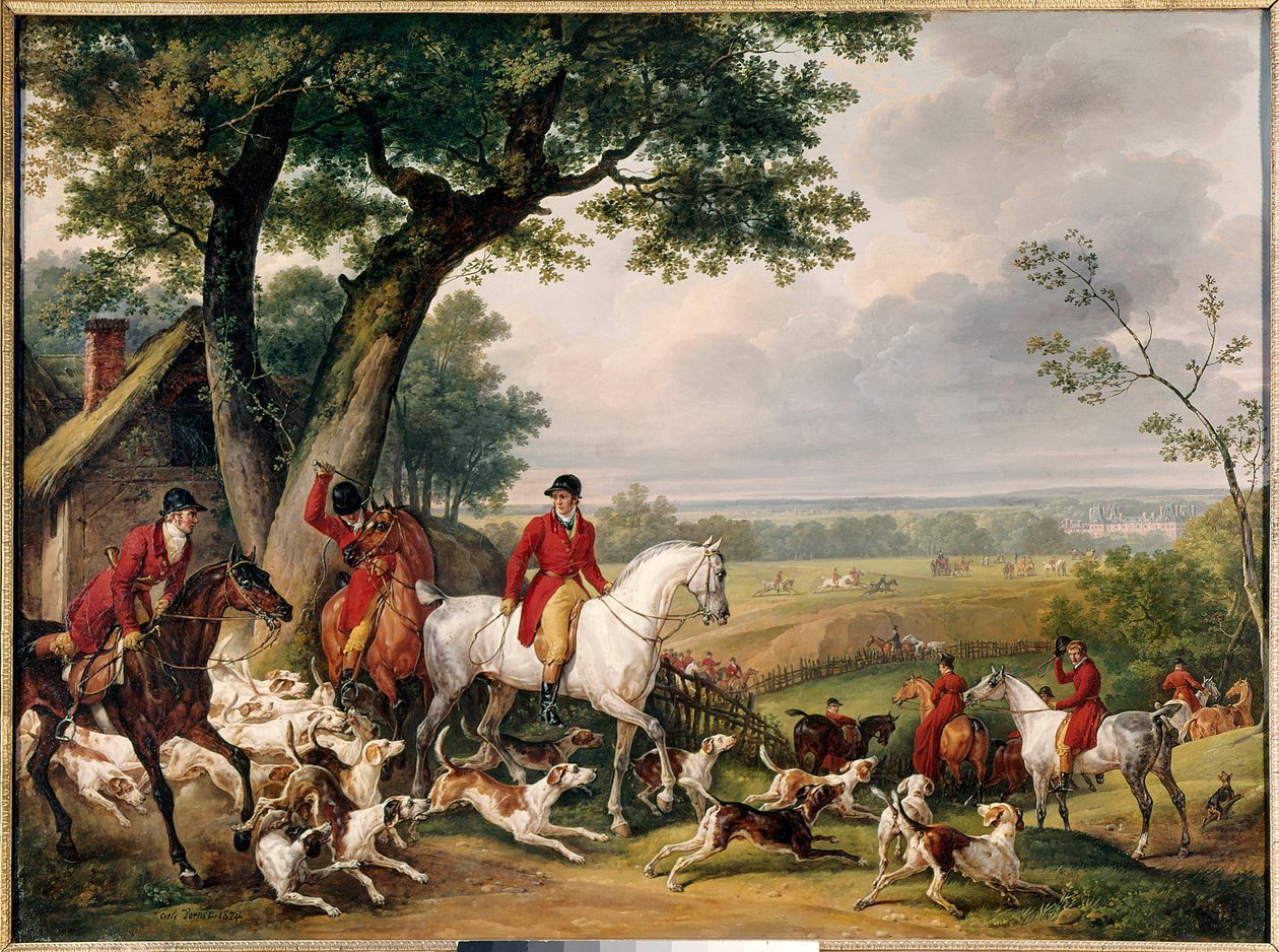 Jacht in het bos van Fontainebleau Schilderij door Antoine Vernet genaamd Carle (1758-1836) 1824 Jachtmuseum, Kasteel van Gien, Frankrijk door Carle Vernet