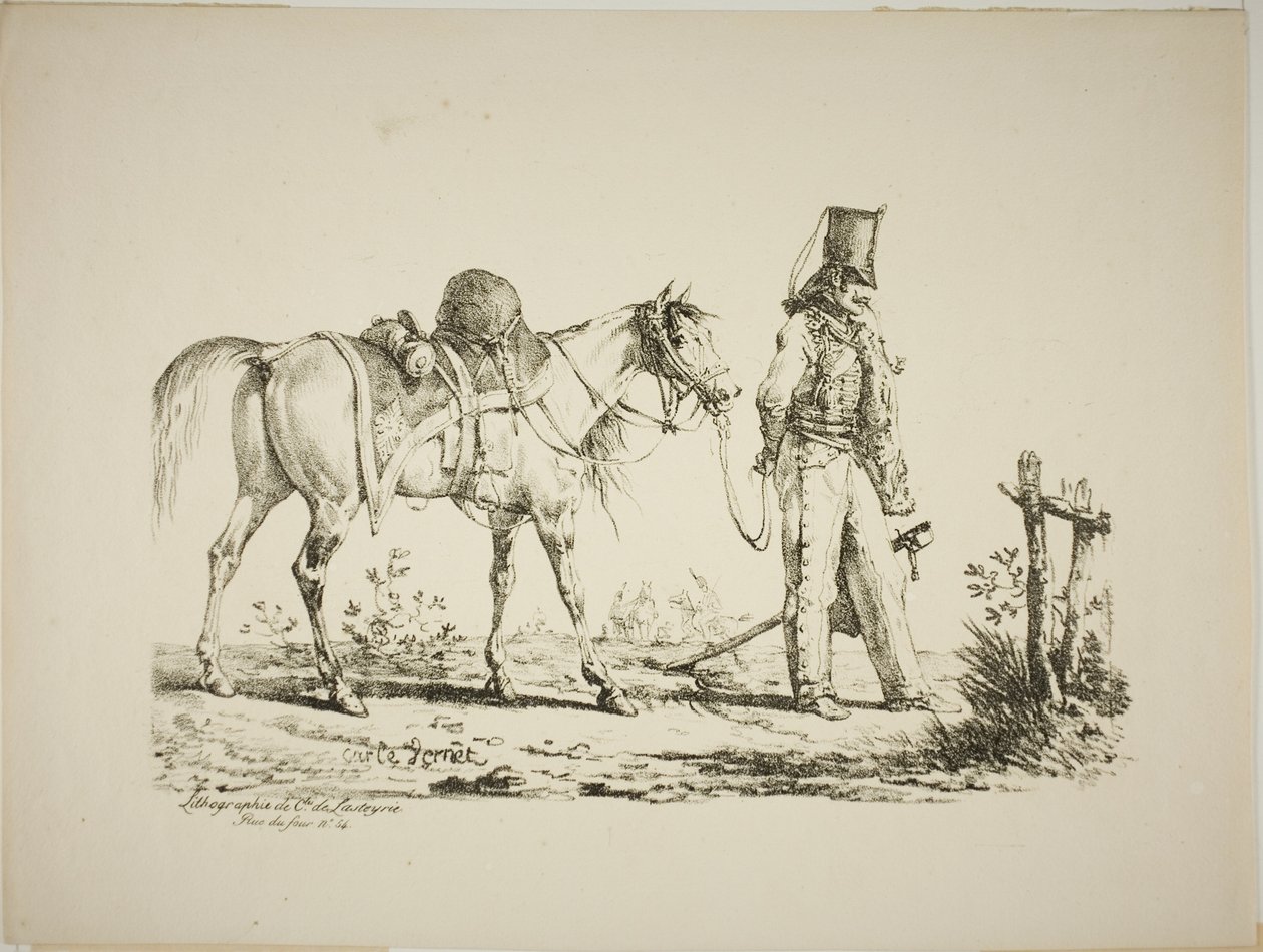 Huzaren lopen voor zijn paard, een pijp rokend door Carle Vernet