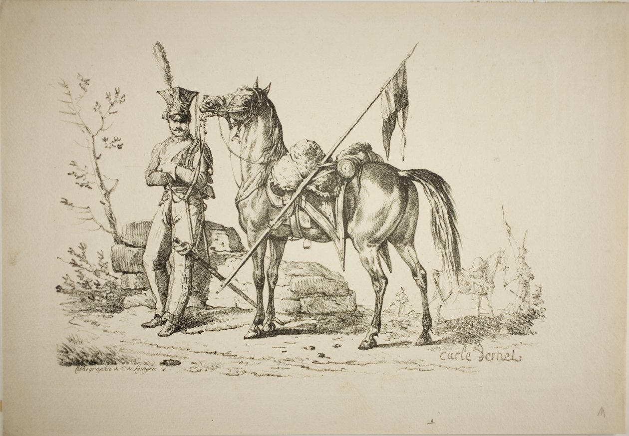 Lansier te Voet Lopend naast zijn Paard door Carle Vernet