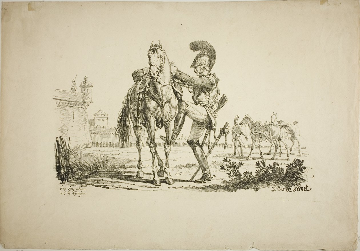 Schutter die een paard bestijgt door Carle Vernet
