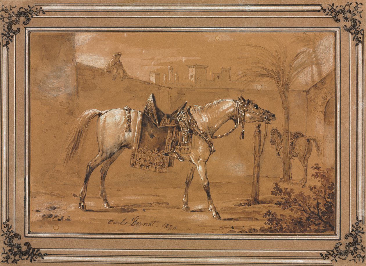 Gezadeld Arabisch paard in binnenplaats door Carle Vernet