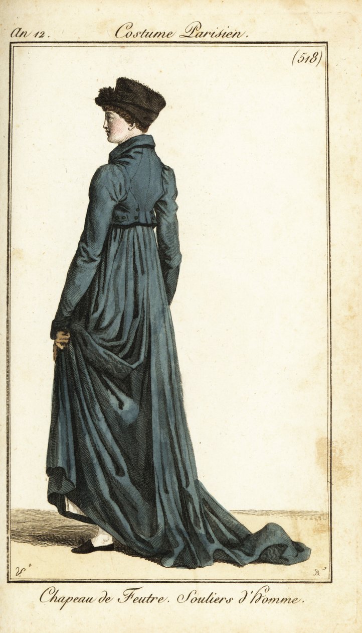 Vrouw met vilten hoed, lange rijjas, herenslippers, Parijs door Carle Vernet