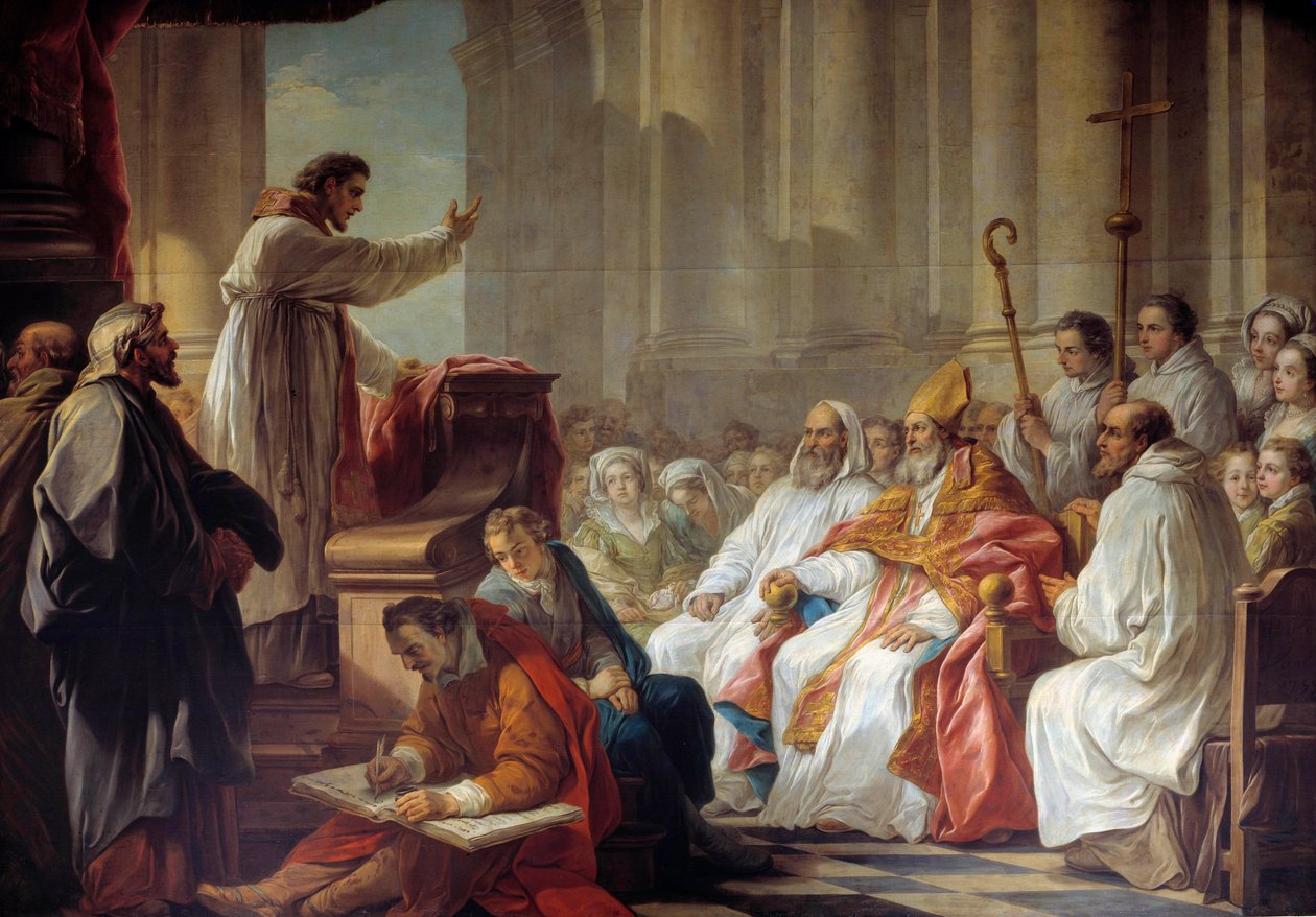 De prediking van Sint-Augustinus (354-430) voor Valere, bisschop van Hippone Schilderij door Carle Van Loo (1705-1765) 18e eeuw Parijs. Kerk van Onze-Lieve-Vrouw van Overwinningen door Carle van Loo