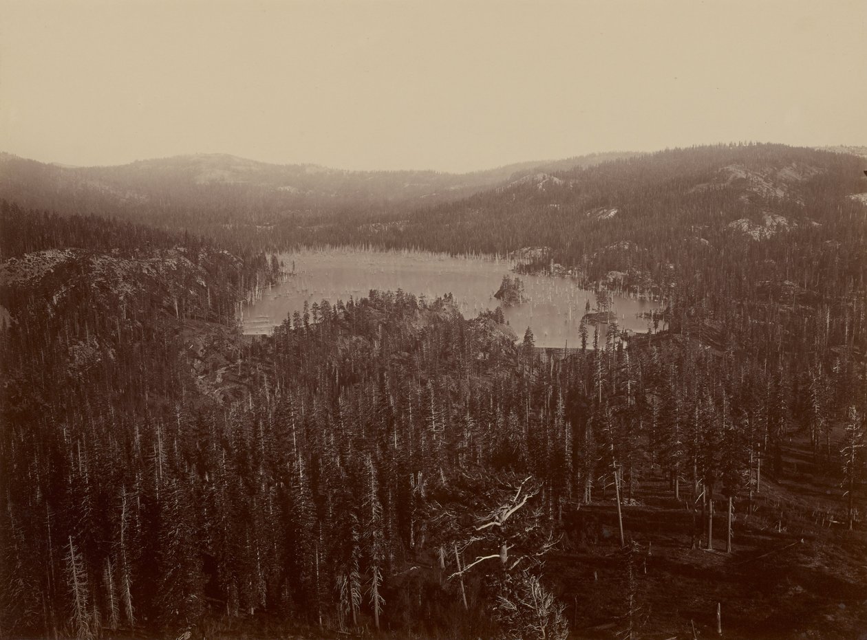 Dammen en meer, Nevada County, veraf door Carleton E. Watkins