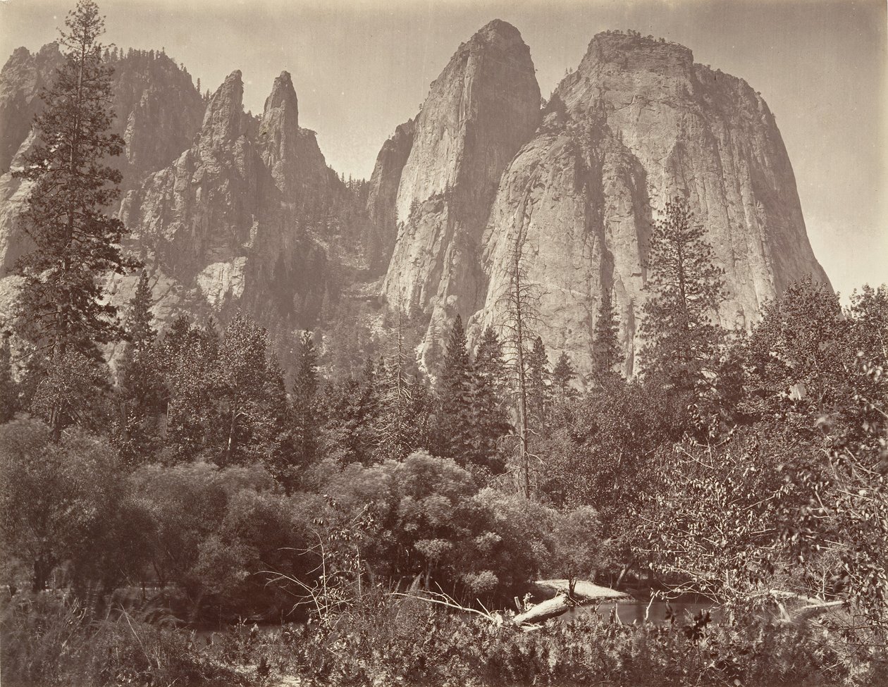 Kathedraalrotsen en torenspitsen, ca. 1872, gedrukt ca. 1876 door Carleton E. Watkins.