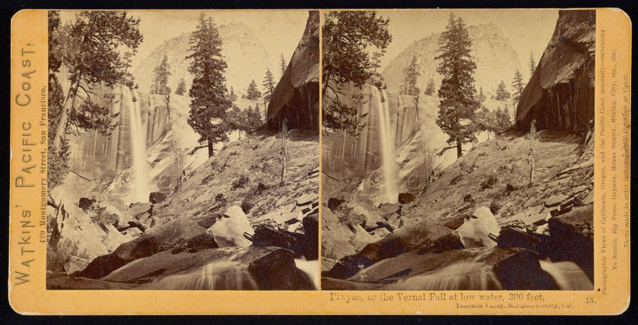 Piwyac, of de Vernal Fall, 300 voet, Yosemite Valley, Mariposa County, Cal door Carleton Watkins
