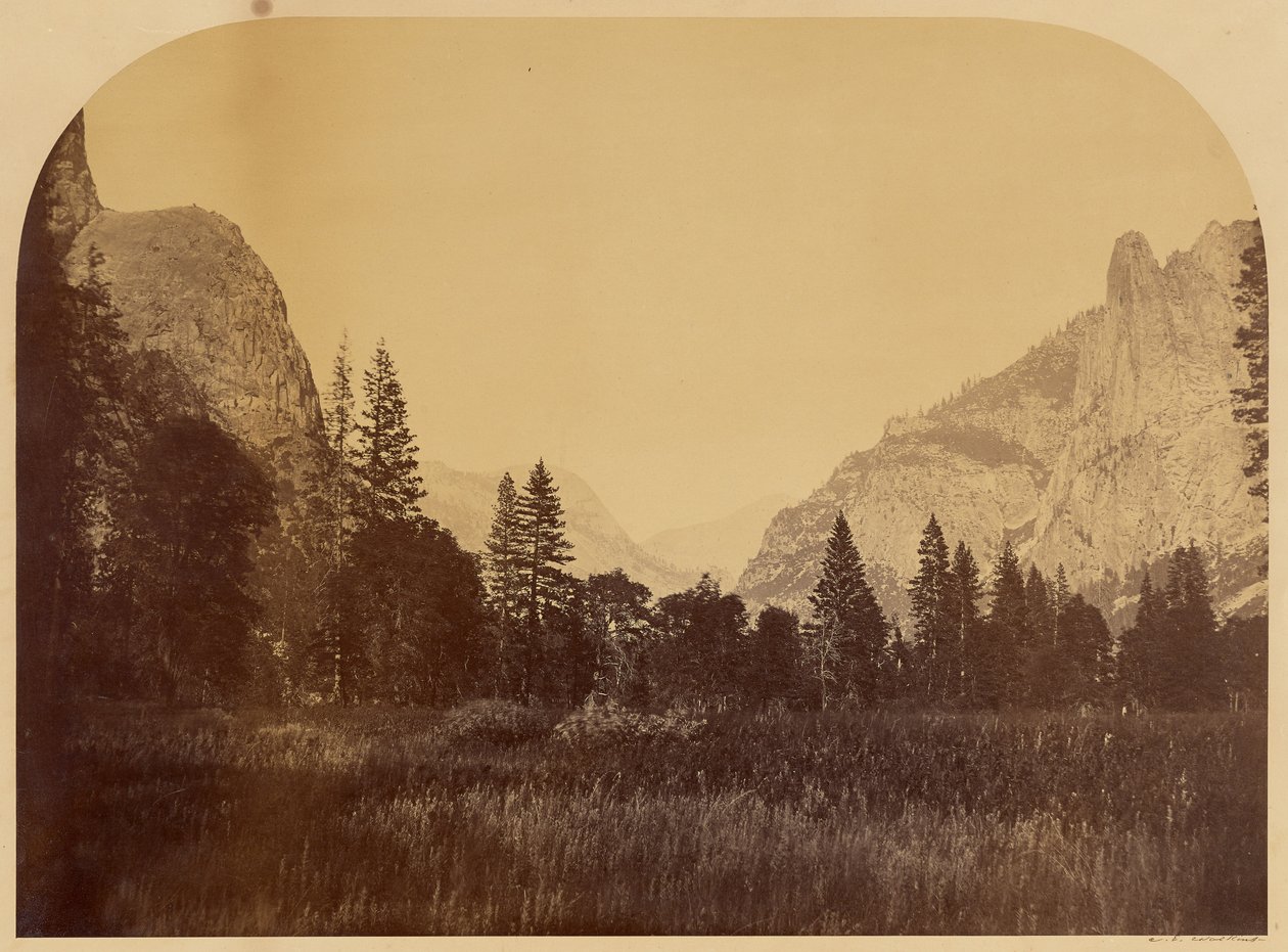 Yosemite, uitzicht op de vallei met Sentinel Rock rechts door Carleton Watkins