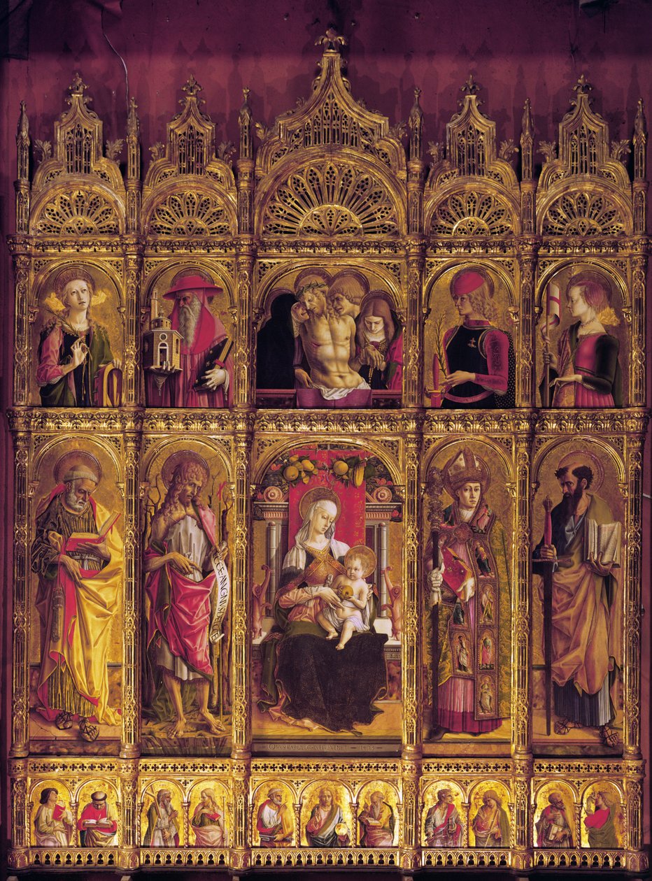 Altaarstuk van St Emidio, polyptiek: De Pieta en de Maagd met Kind tussen de Heiligen, c. 1430-95 door Carlo Crivelli