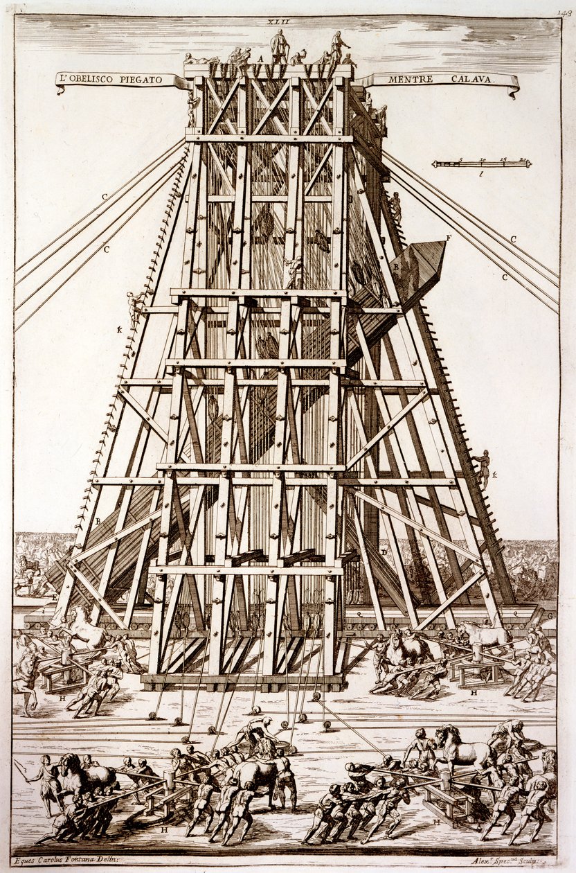 Het oprichten van de oude Egyptische obelisk op het Sint-Pietersplein, Rome, gegraveerd door Alessandro Specchi door Carlo Fontana