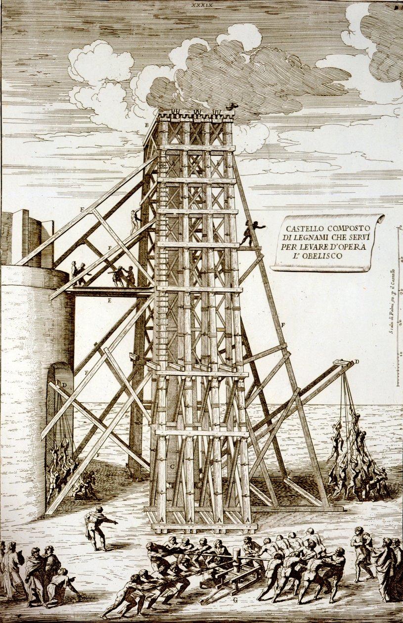 Het Oprichten van de Oude Egyptische Obelisk op het Sint-Pietersplein, Rome, gegraveerd door Alessandro Specchi door Carlo Fontana