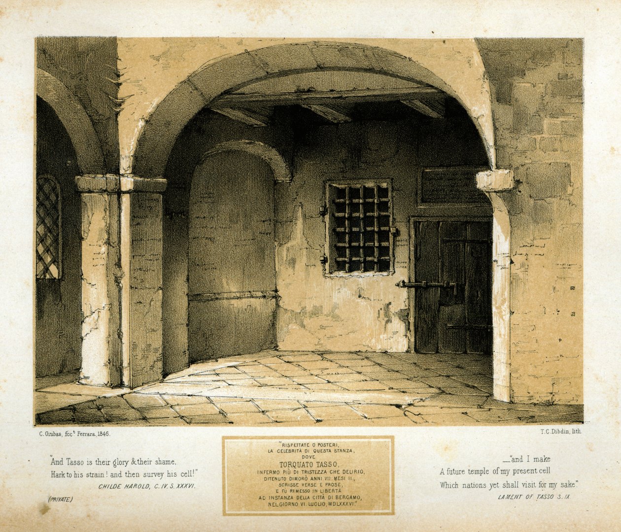 Monument voor Torquato Tasso, gegraveerd door T.C. Dibdin naar een schilderij uit 1846 door Carlo Grubacs