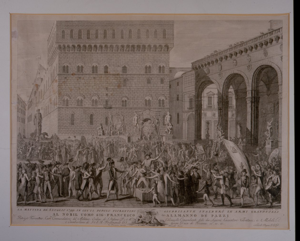 De ochtend van 3 juni 1799 toen het Florentijnse volk de verheffing van de groothertogelijke wapens vierde door Carlo Lasinio