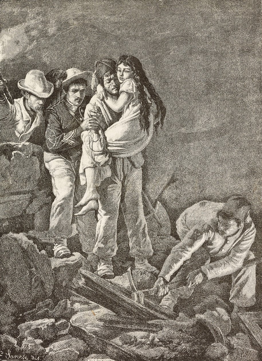 Een meisje wordt gered nadat haar huis instortte, aardbeving in Casamicciola, Italië, gravure naar een tekening van E Sanesi en een schilderij van Carlo Ademollo, uit L