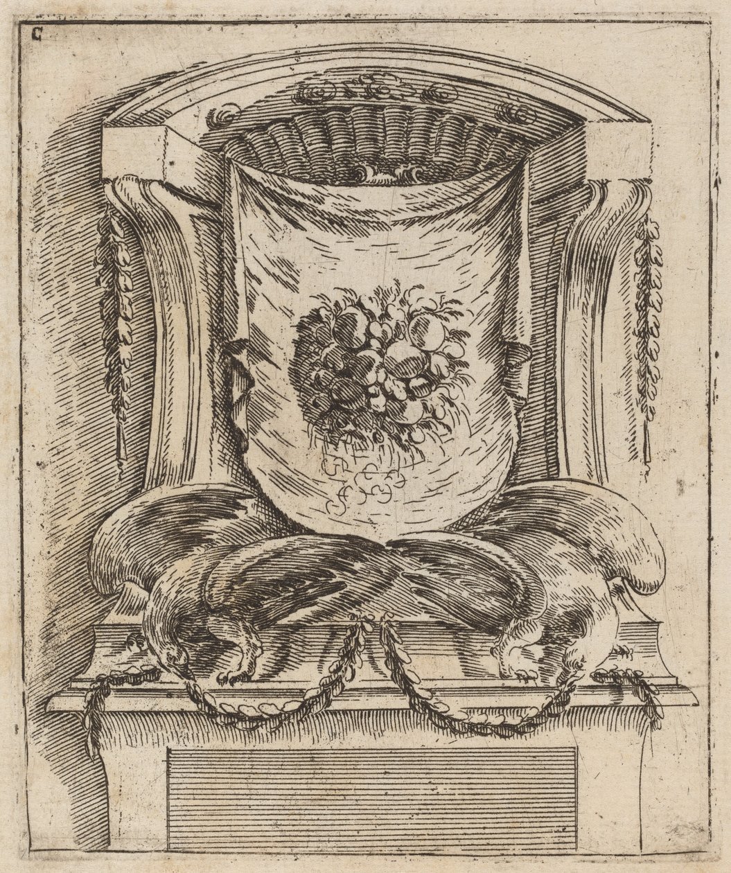 Architectonisch motief met een draperie met fruit door Carlo Antonio Buffagnotti
