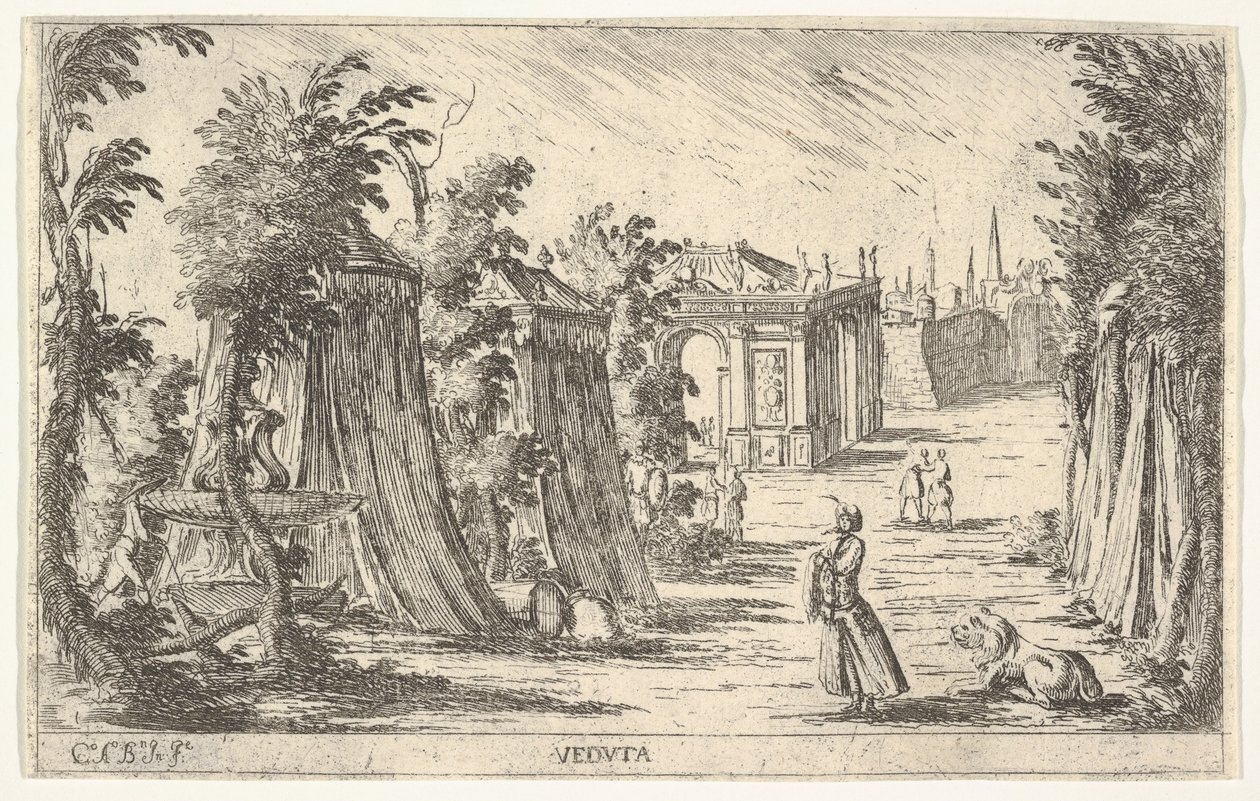 Uitzicht met een man in een tulband en een leeuw staand rechts, tenten en klassieke architectuur, 1680-1710 door Carlo Antonio Buffagnotti