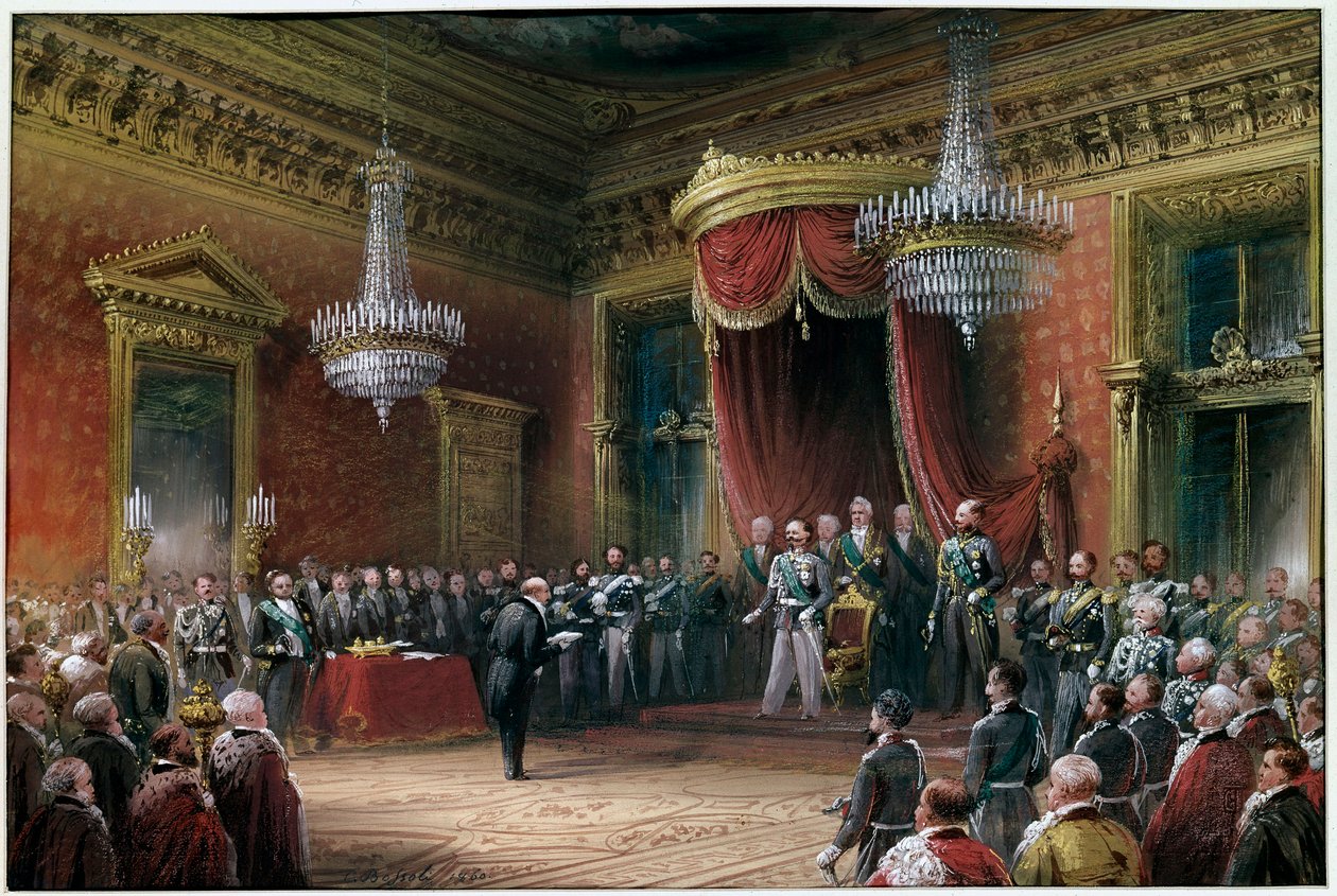Risorgimento - Carlo Farini (1812-1866) presenteert aan Victor Emmanuel II (Victor Emmanuel) (Vittorio Emanuele) (1820-1878) het pact van annexatie van Emilia Romagna in 1860 door Carlo Bossoli