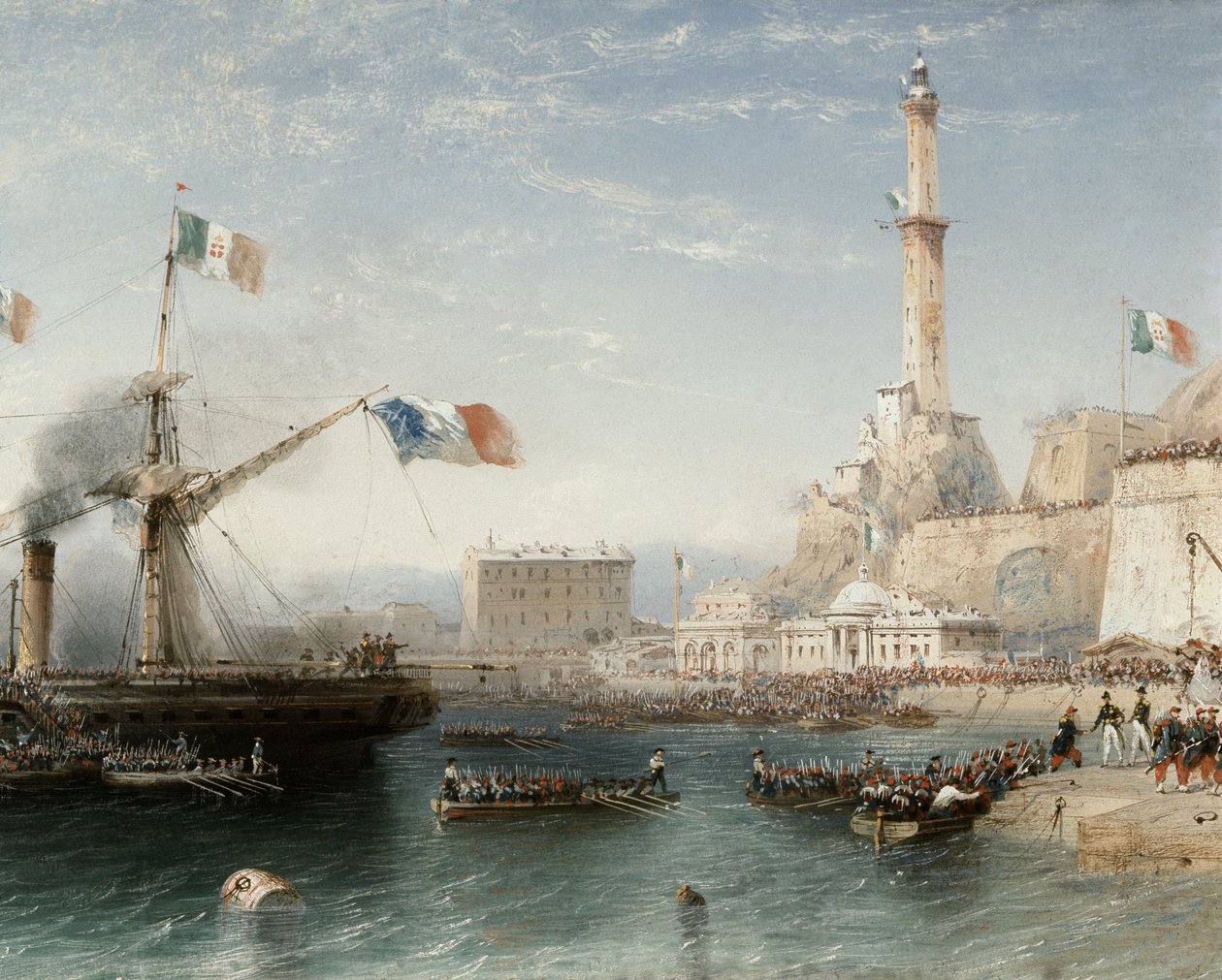 De Franse troepen landen in Genua in april 1859 (tempera) door Carlo Bossoli