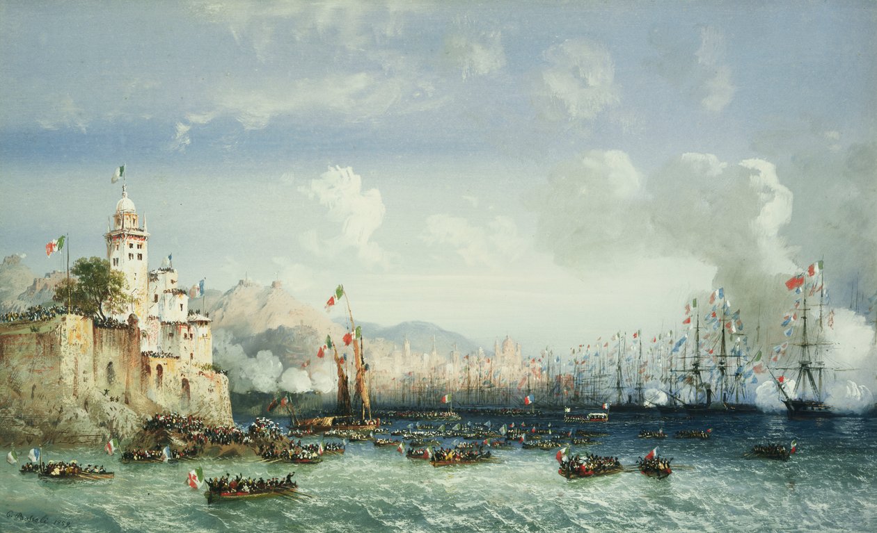 De oorlog in Italië: Genua, de aankomst van keizer Napoleon III, 1859 door Carlo Bossoli