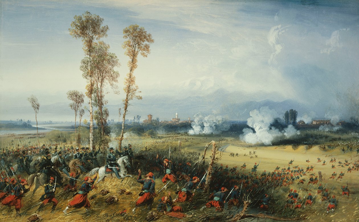 De oorlog in Italië: De slag bij Palestro, de koning van Sardinië aan het hoofd van de troepen, 1859 door Carlo Bossoli