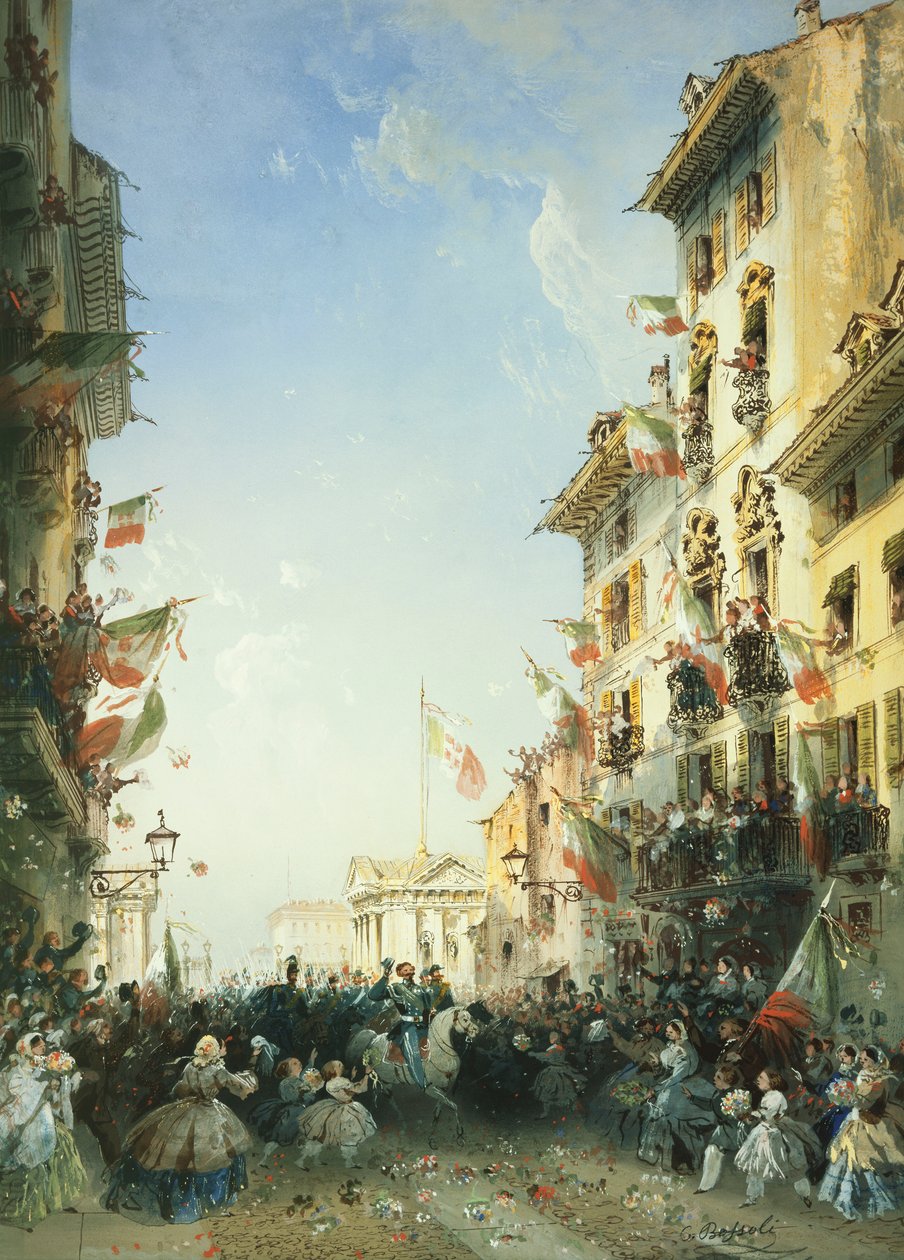 De oorlog in Italië: De intocht van de koning van Sardinië in Brescia, 1859 door Carlo Bossoli