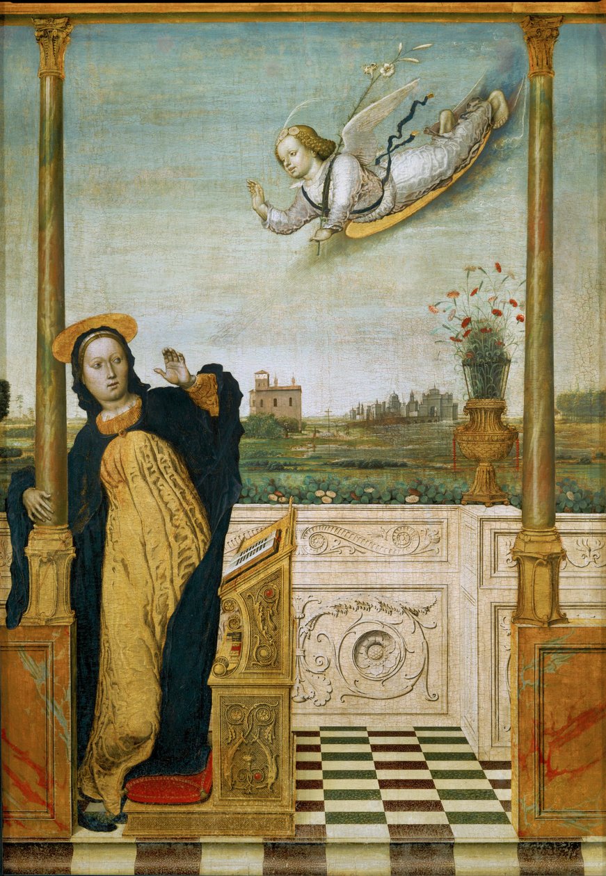 Annunciatie. Middenpaneel van een drieluik (schilderij op hout) door Carlo Braccesco