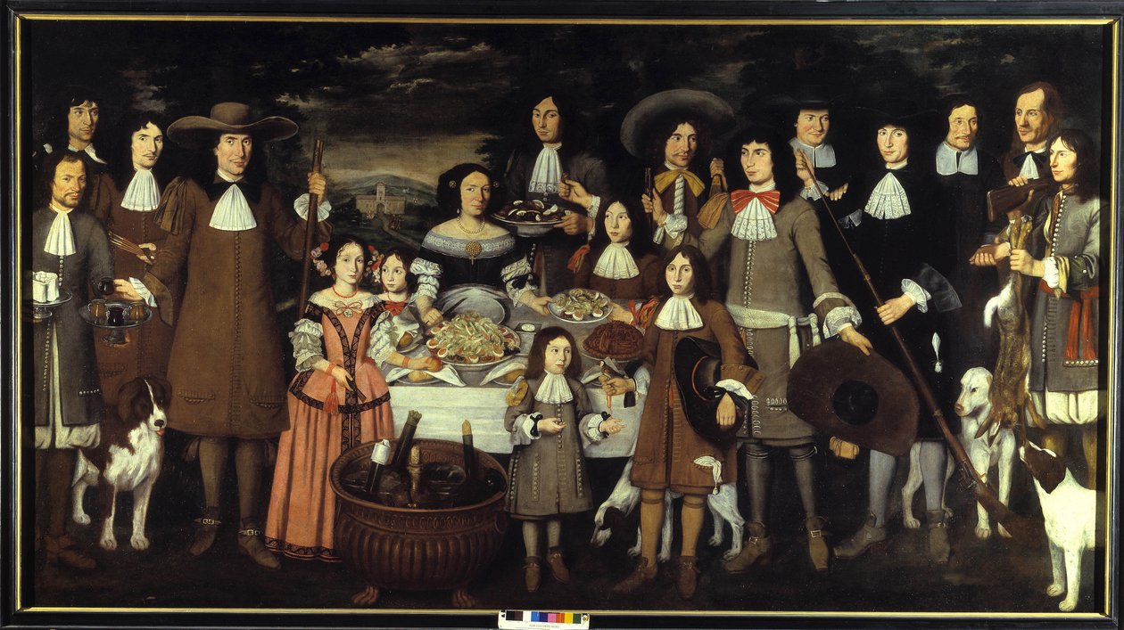Portret van een familie of "Drank tijdens een jachtpartij". Schilderij door Carlo Cane. 17e eeuw schilderij. Pinacoteca del Castello Sforzesco Milaan door Carlo Cane