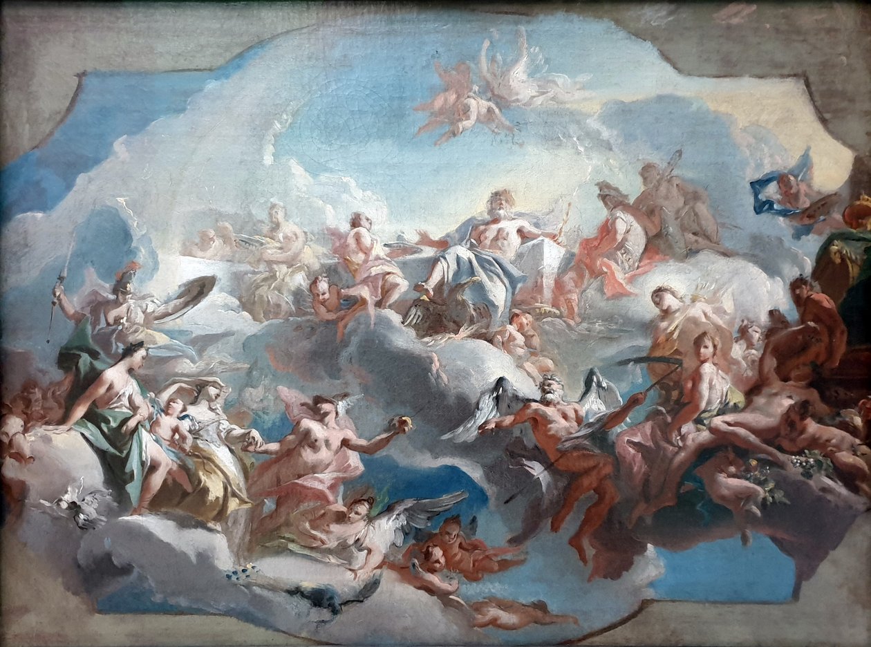 Duits: Der Aufbruch der Göttinnen Juno, Venus und Minerva, geleitet von Merkur, zum Parisurteil Vertrek van de godinnen Juno, Venus en Minerva voor het oordeel van Paris door Carlo Carlone