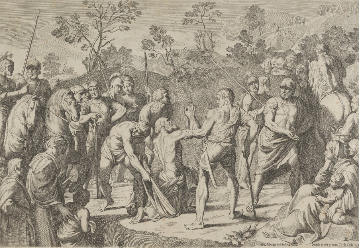 Sint Andreas knielend in gebed terwijl hij naar het kruis wordt geleid, naar Reni, 1650-80 door Carlo Cesi