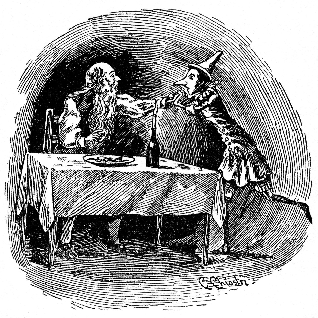 Illustratie van Pinokkio door Carlo Chiostri (1863-1939). De houten pop vindt zijn vader Gepetto in de buik van de haai die hen heeft ingeslikt door Carlo Chiostri