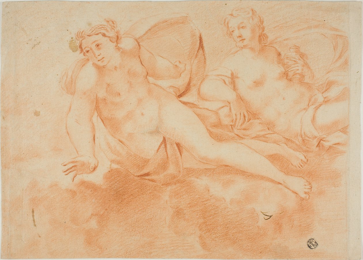 Twee in wolken gehulde naakte vrouwenfiguren (recto); fragment van liggende figuur (verso) door Carlo Cignani