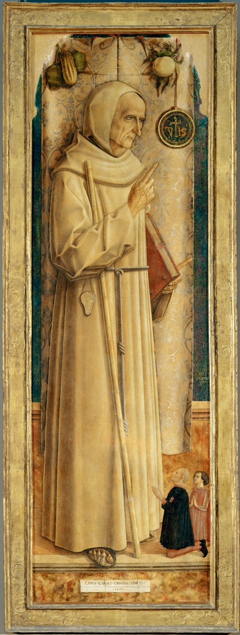 Saint Jaques de la Marche en twee knielende donors ... door Carlo Crivelli