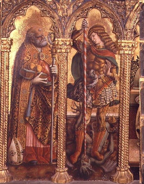 Sint Nicolaas en Sint Michaël, detail van het San Martino polyptiek door Carlo Crivelli