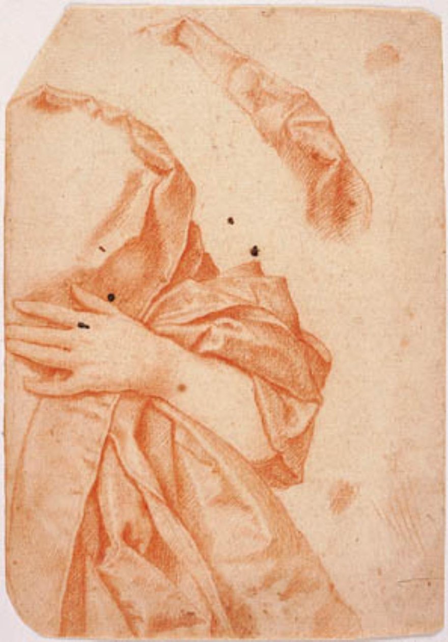 Draperiestudie voor de linkerhelft van een vrouwelijke halffiguur en een herhaling van het draperie rond haar nek door Carlo Dolci