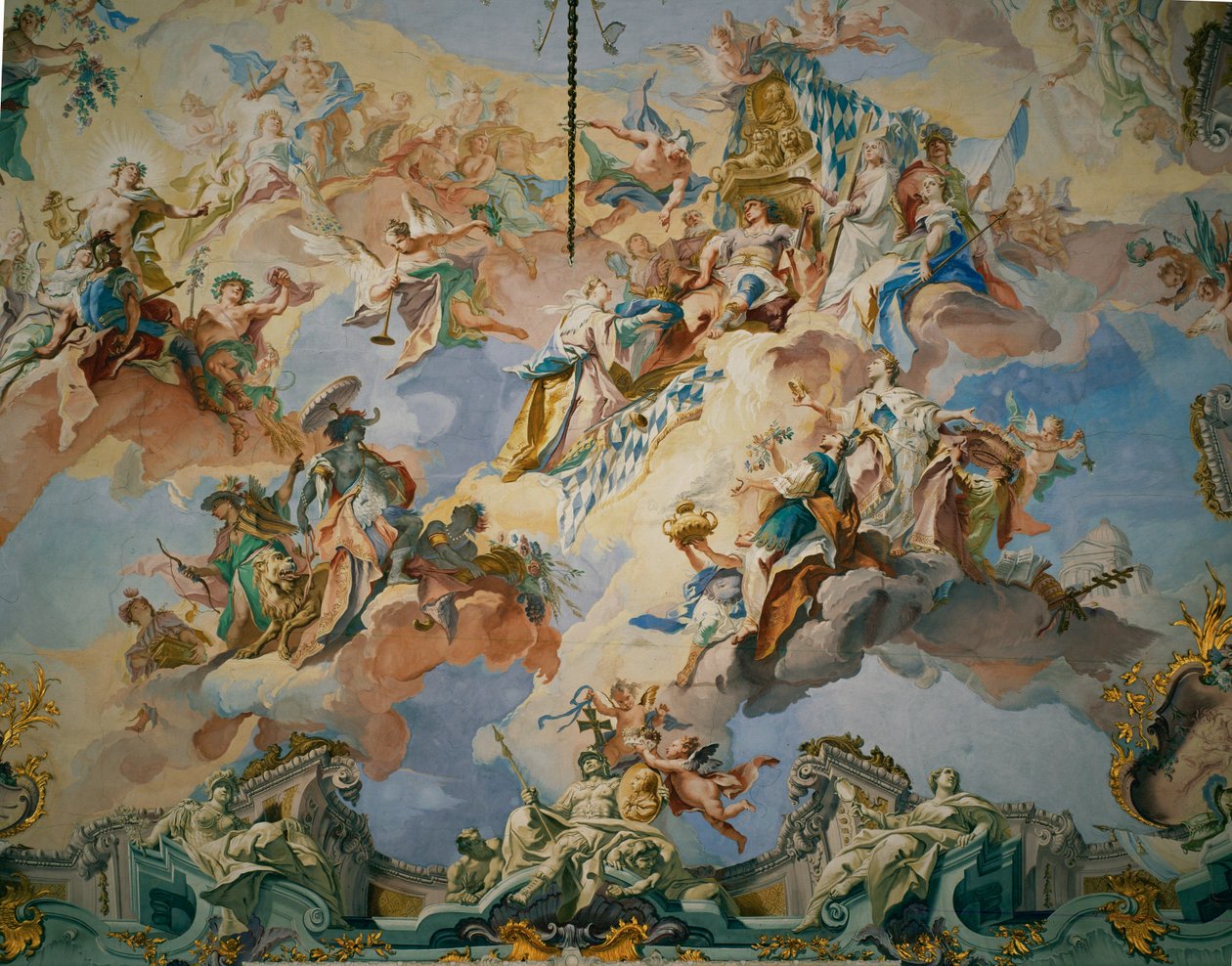 De vergadering van de goden met keizer Karl Albrecht onder hen en Fama die de vier continenten bijeenroept ... (fresco) door Carlo Innocenzo Carlone