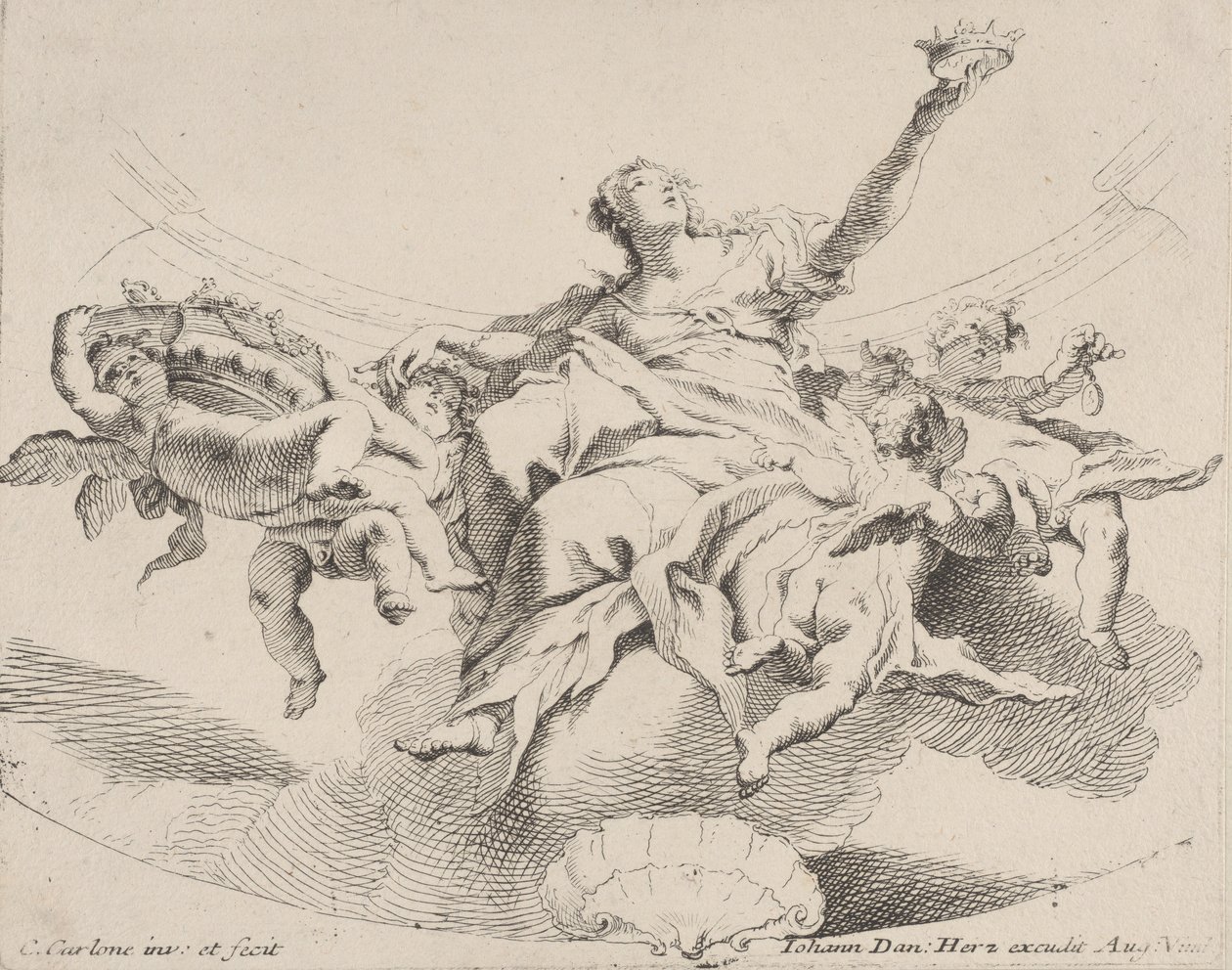 Macht, voorgesteld door een vrouw zittend op wolken met een kroon en omringd door putti, 1725-75 door Carlo Innocenzo Carloni